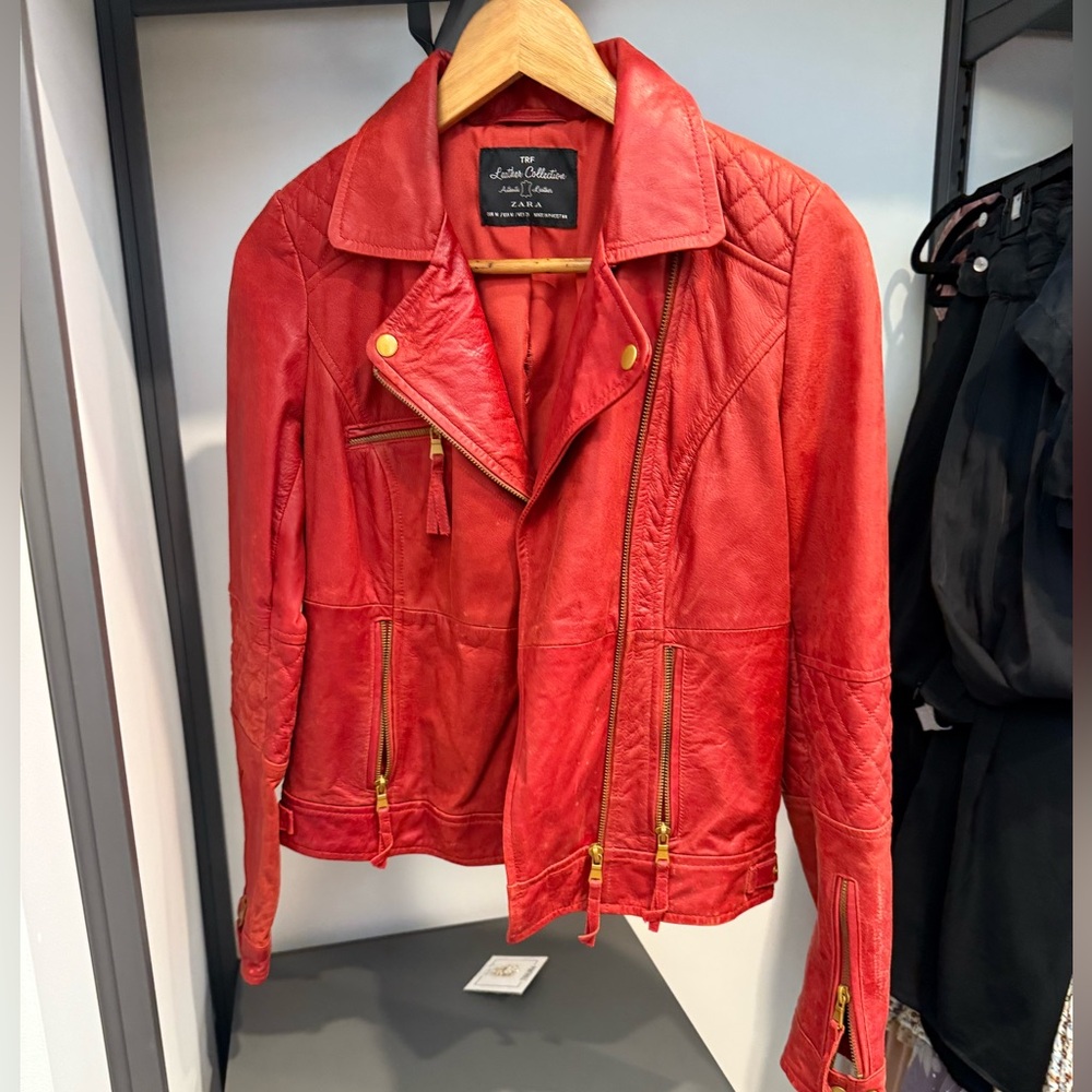 Zara red leather biker jacket
